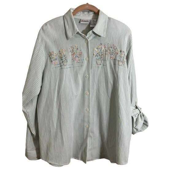 Koret Floral Striped Top M Blue Embroidery Preppy Retro Classic Boho Western 80s - Picture 1 of 14
